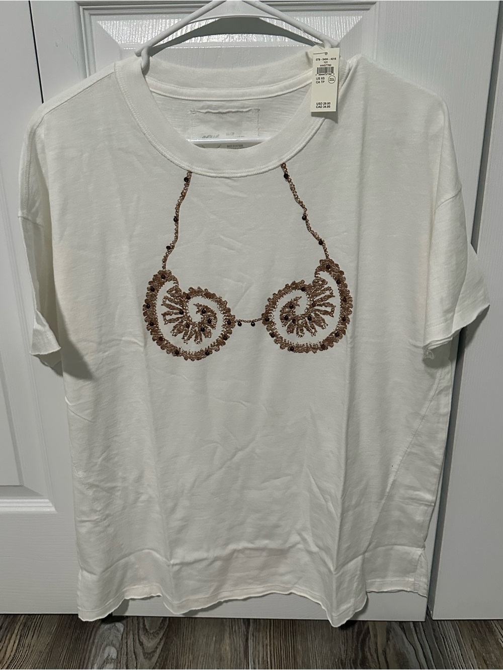 aerie White Short Sleeve Tee with Brown Sequin Graphic